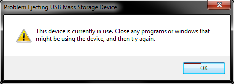 Screen grab of problem ejecting usb mass storage device message